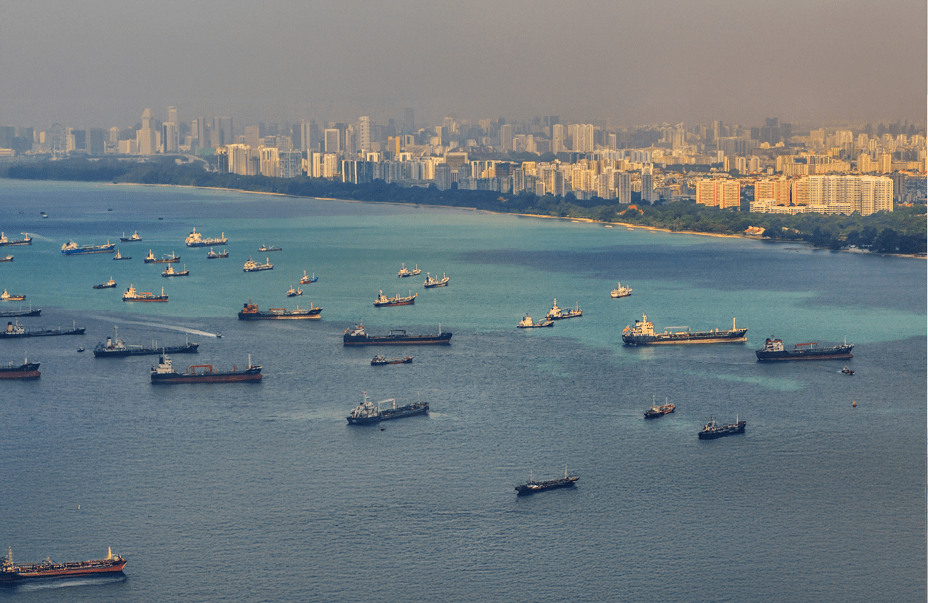 many cargo ships on the sea